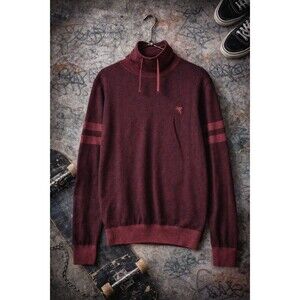 Y2K Grunge Express Mens L Knit Funnel Neck Sweater Maroon Stripe Logo Skate Prep